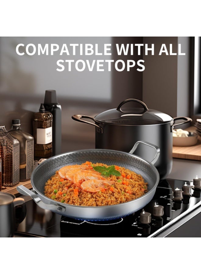 Arabest Stainless Steel Paella Pan, 34CM Paella Pan with Lid, Tri-Ply Nonstick Large Honeycomb Skillet, Stainless Steel Cookware, Induction Pan, Skillets for Outdoors, Camping, Parties, Cooking Pot - Image 4